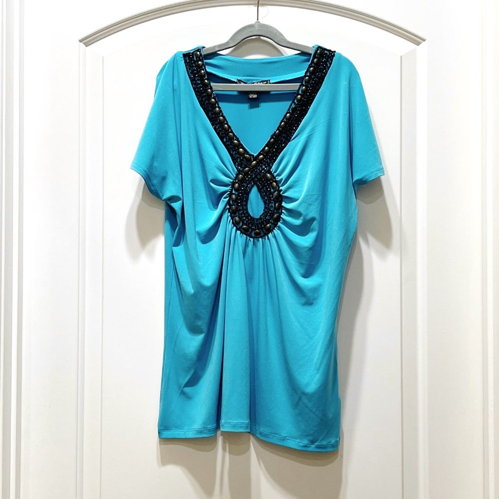 Designers Originals Top Blue Beaded Embellished Stretch Knit Blouse Small